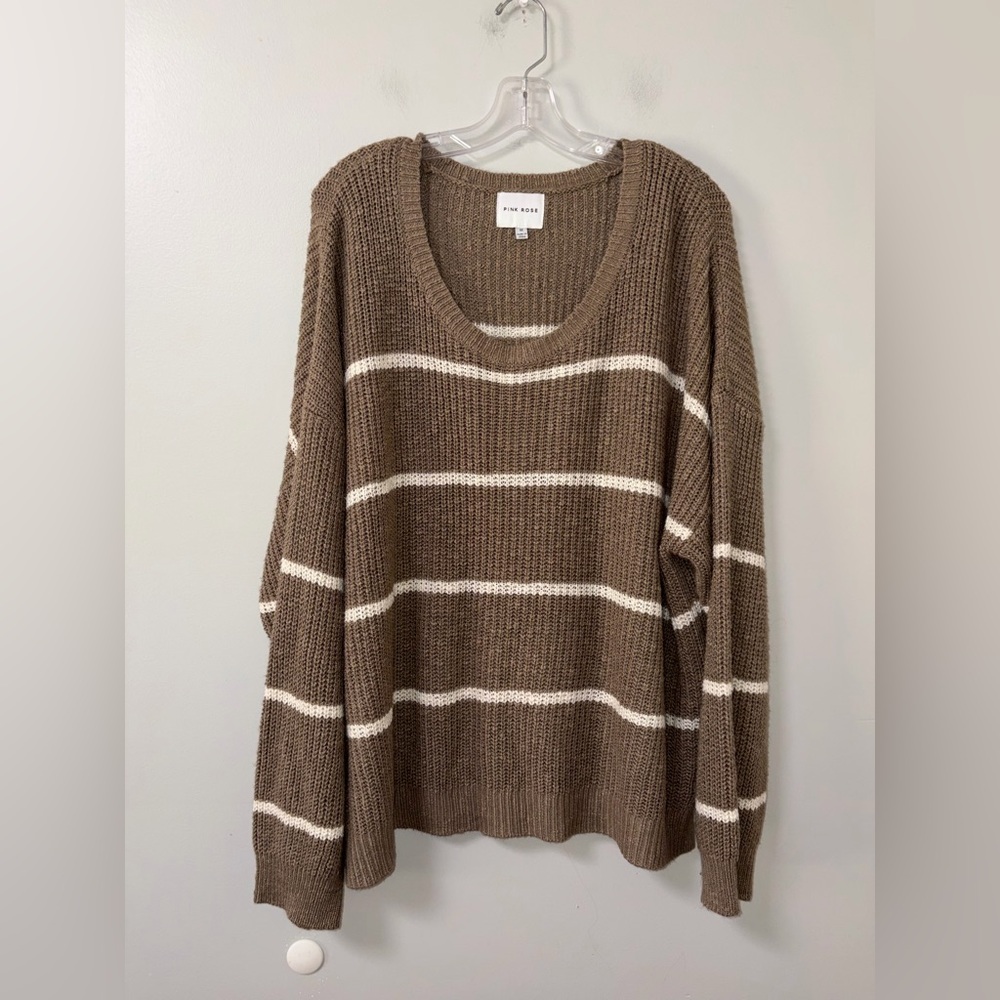 Pink Rose Brown Knit Striped Scoop Neck Pullover Cropped Sweater Lounge Cozy 4X